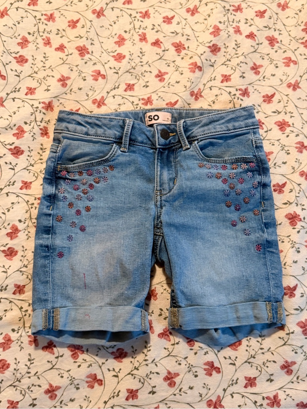 SO Light Blue Denim Shorts with Pink and Purple Floral Embroidery